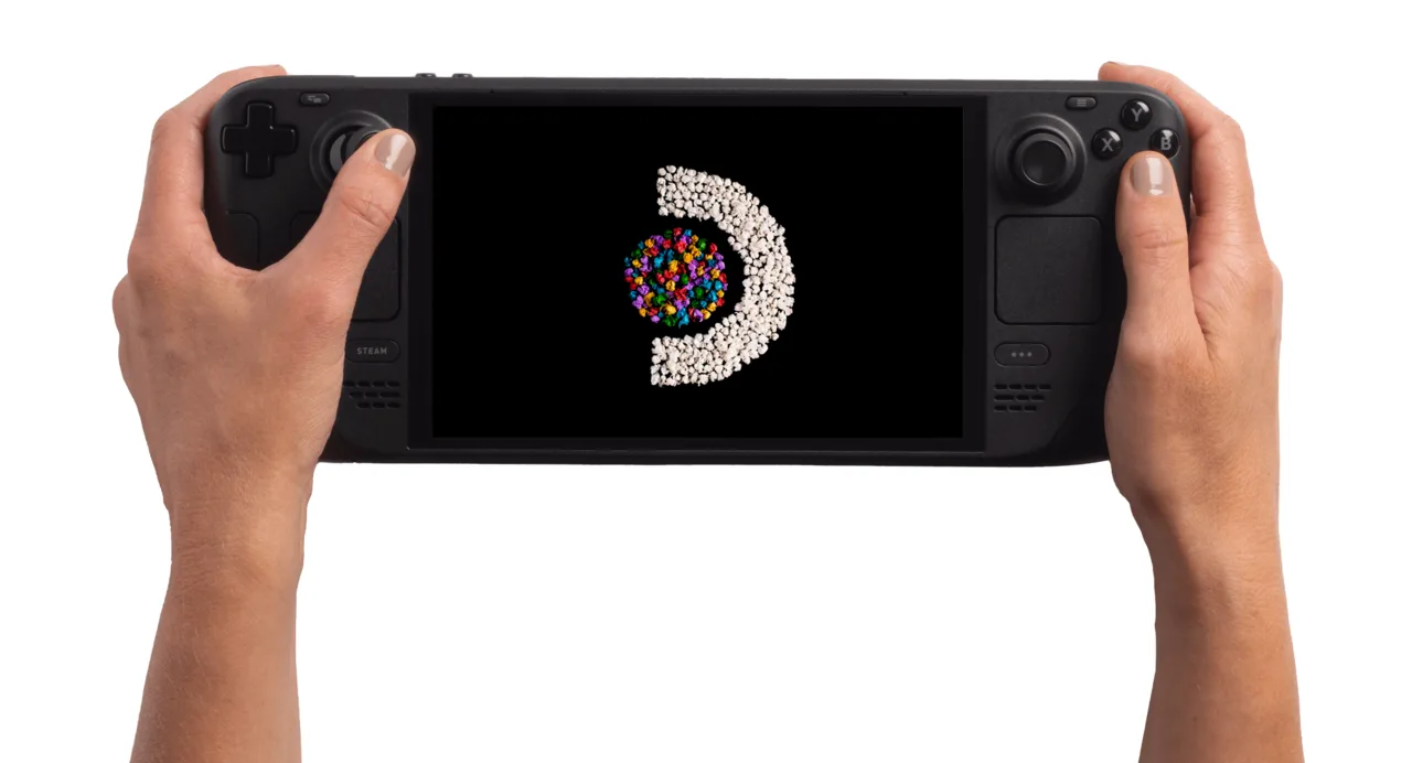 Two hands holding a Steam Deck OLED