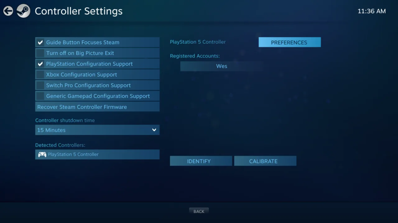 Steam Controller Settings with PlayStation Configuration Support checked and a PlayStation 5 Controller detected