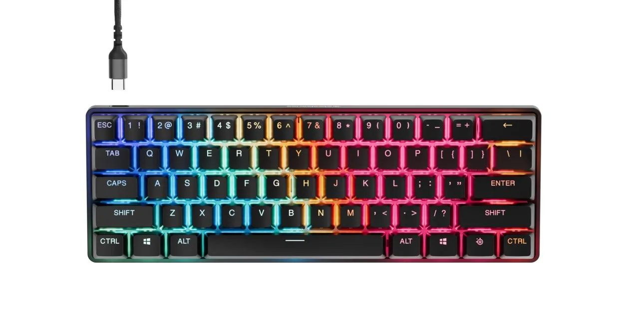 Top view of the SteelSeries Apex Pro Mini Gen 3 60% keyboard with RGB lighting and detachable USB-C cable