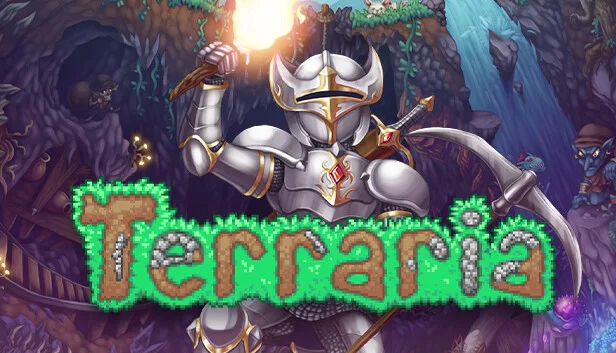 Terraria key art with the Guide in a pixel-art world