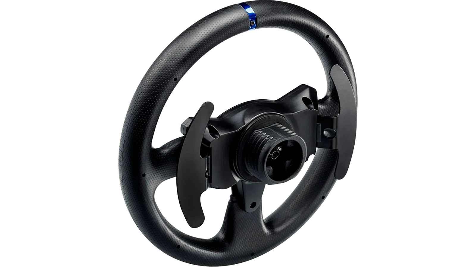 Rear view of a detachable Thrustmaster rim showing the quick release hub and metal paddles