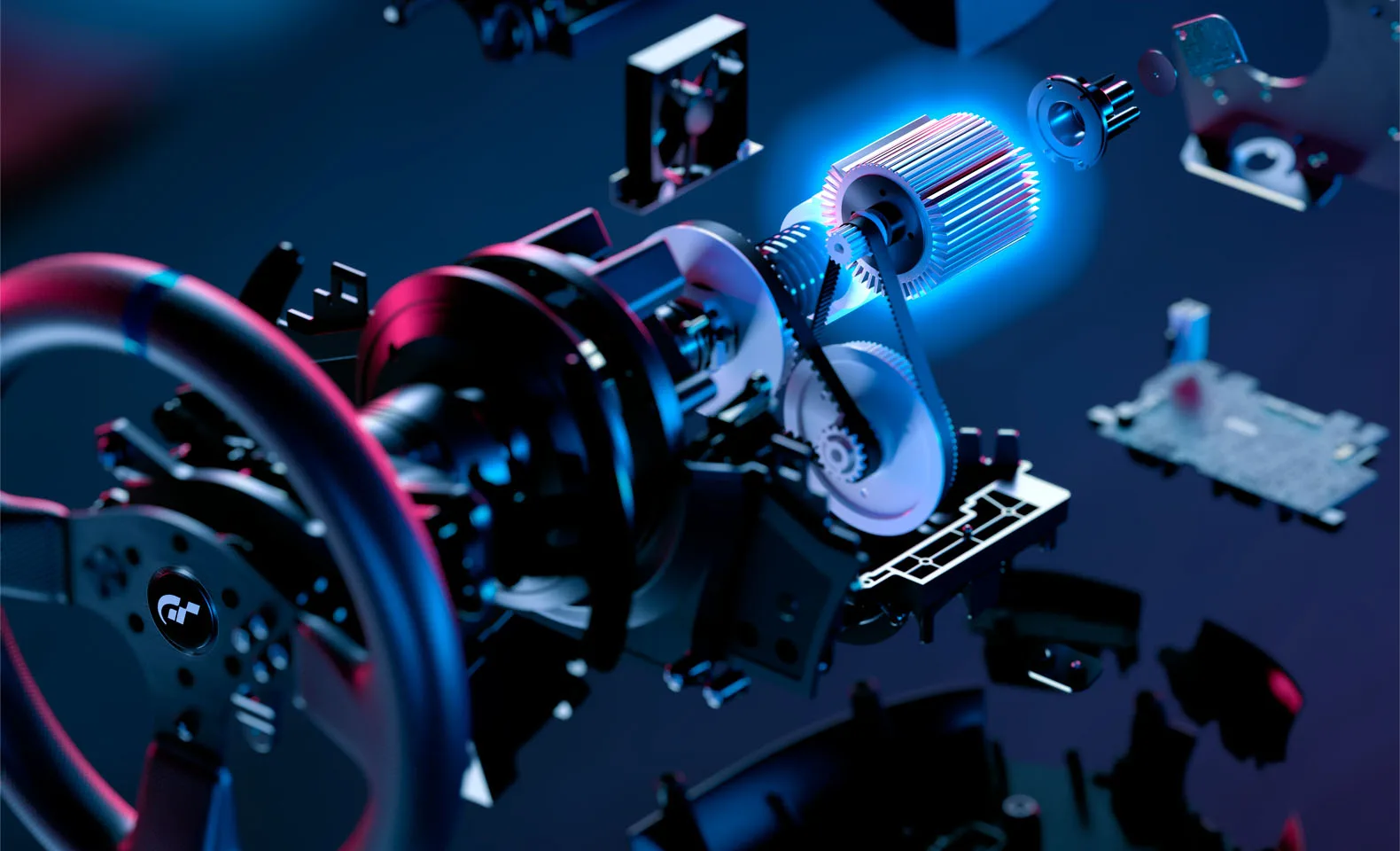 Exploded view of the T300 base showing the brushless motor, dual belt and cooling fan