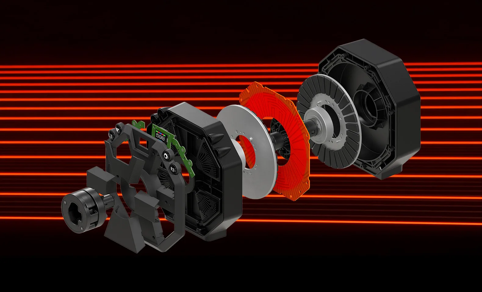 Exploded view of the direct axial drive motor, rotor and PCB stator
