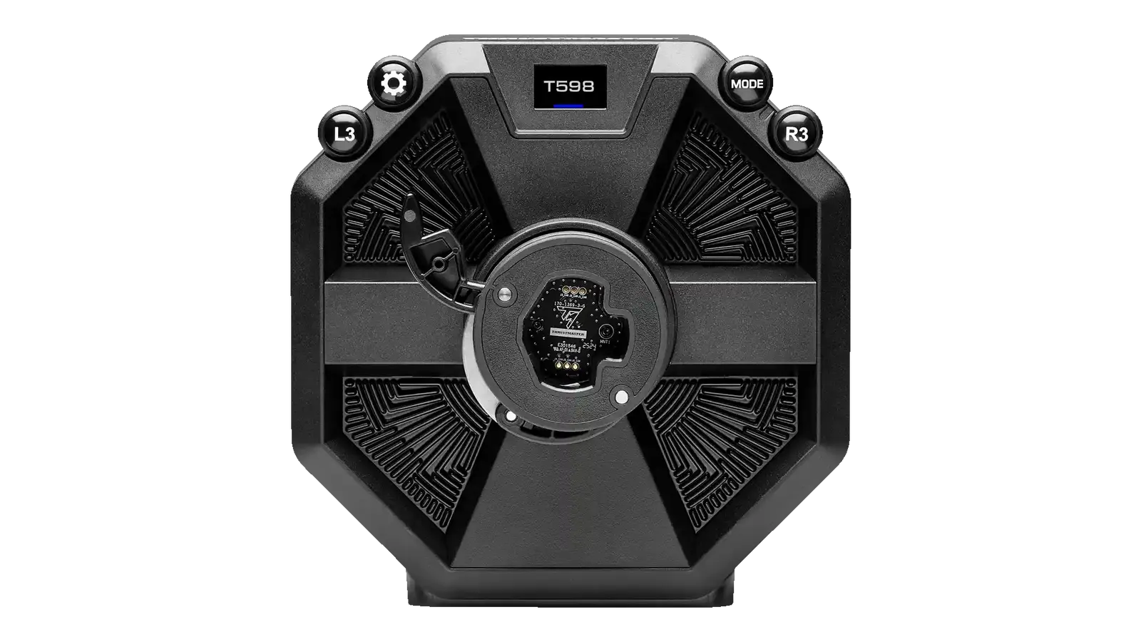 Front view of the Thrustmaster T598 wheelbase showing the screen, buttons and cooling fins