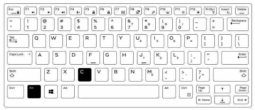 Dell keyboard diagram with the Fn and C keys highlighted for the backlight color shortcut