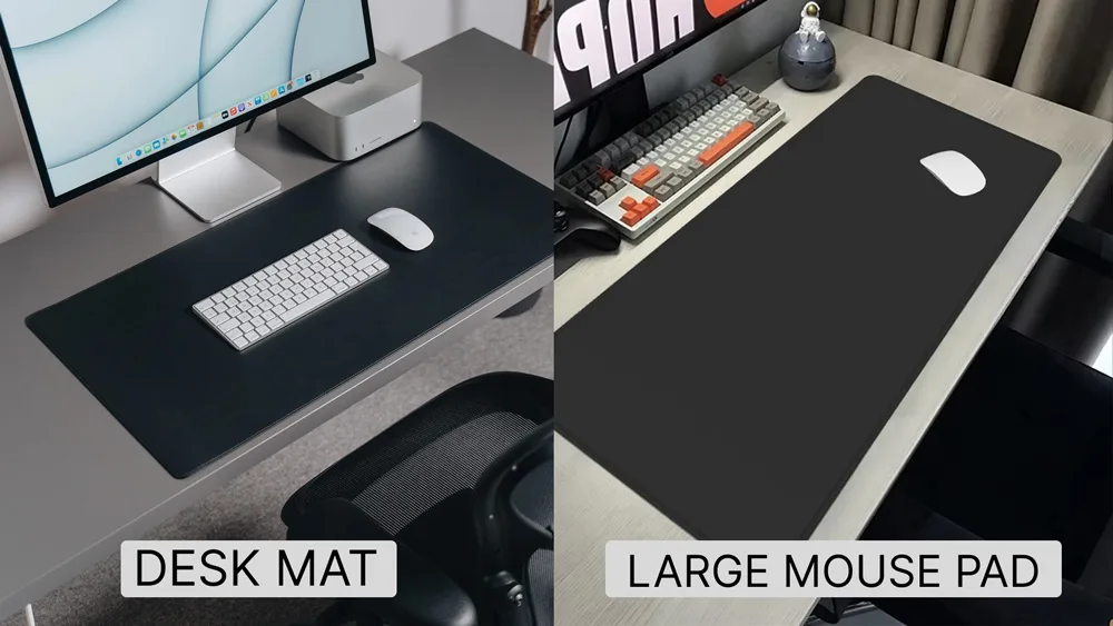Desk mat and large mouse pad under a keyboard to reduce typing noise