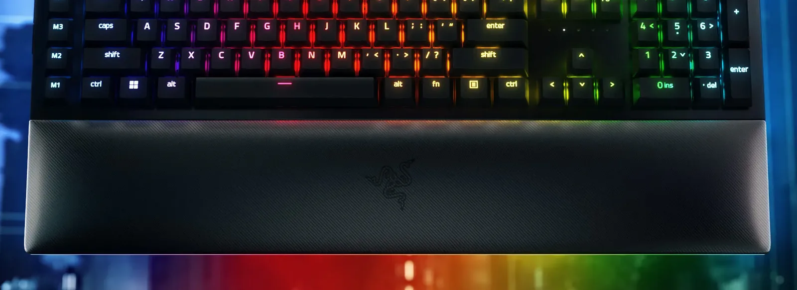 Razer BlackWidow V4 Pro magnetic wrist rest with RGB underglow along the front edge