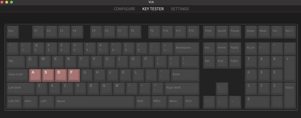 VIA key checker screen with the A, S, D and F keys highlighted