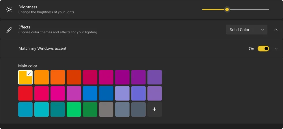 Windows 11 Dynamic Lighting Effects menu with the main color palette