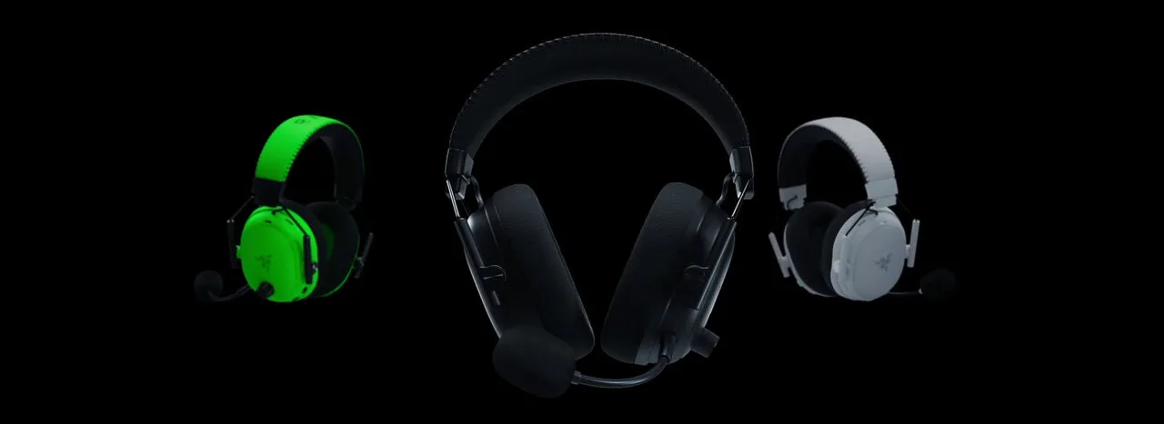 Razer BlackShark V3 Pro in black facing forward, flanked by green and white versions