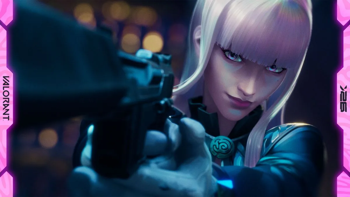 Valorant vs CS2 comparison, Valorant key art of an agent aiming a pistol