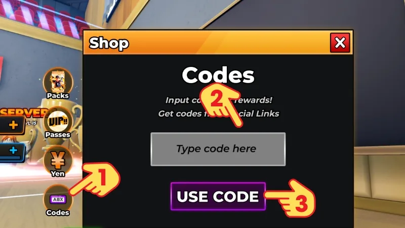 Volleyball Legends Shop Codes tab with the Type code here box and Use Code button