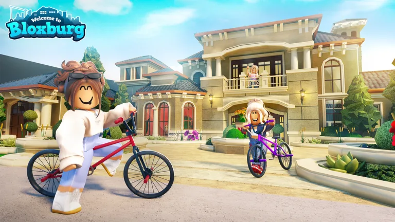 Welcome to Bloxburg key art of two players on bicycles in front of a large house