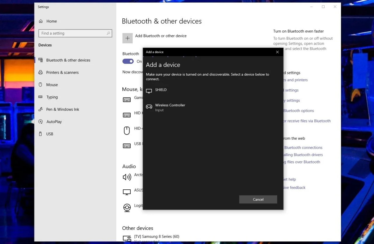 Windows Add a device window listing a Wireless Controller under Bluetooth devices