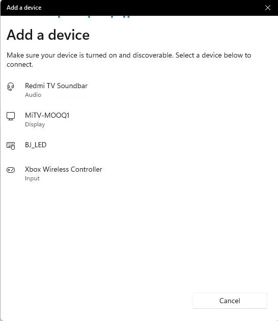 Windows Add a device window listing Xbox Wireless Controller as an input device