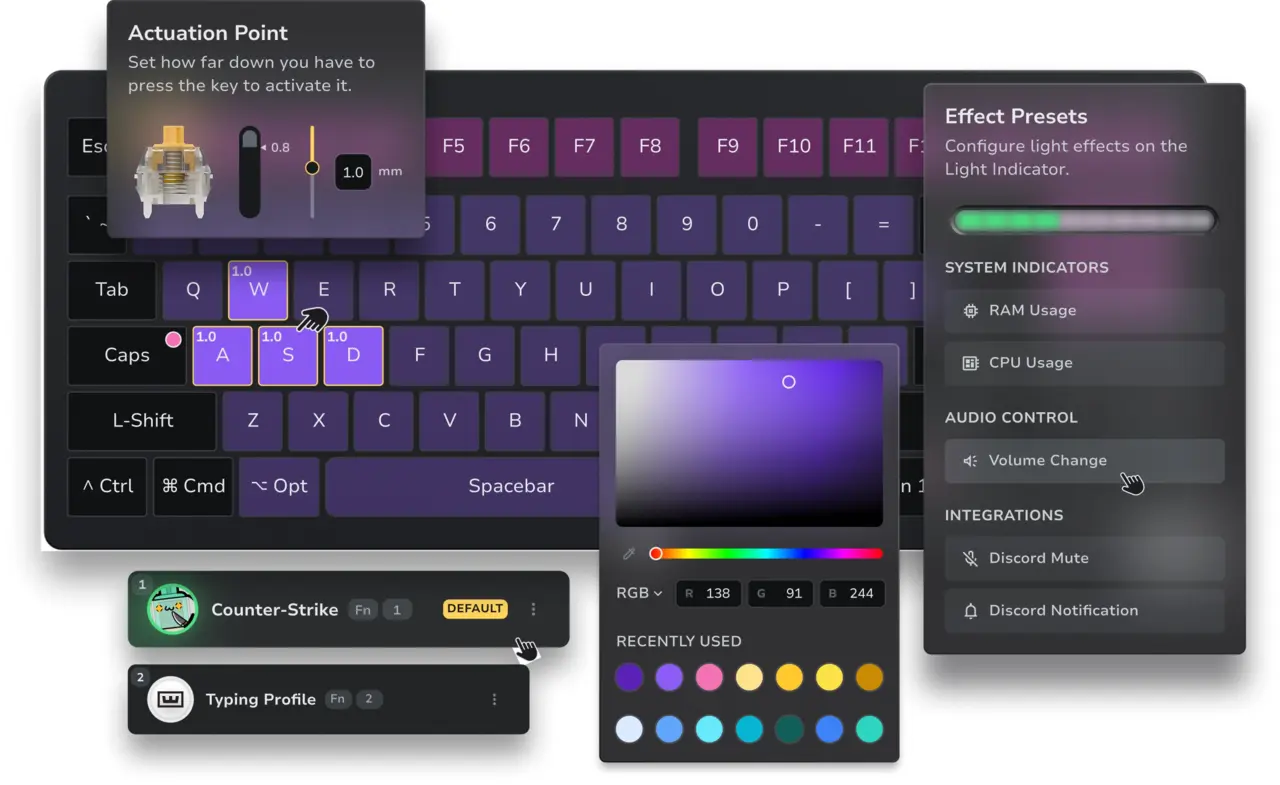 Wootility software window with an actuation point panel, RGB color picker and effect presets
