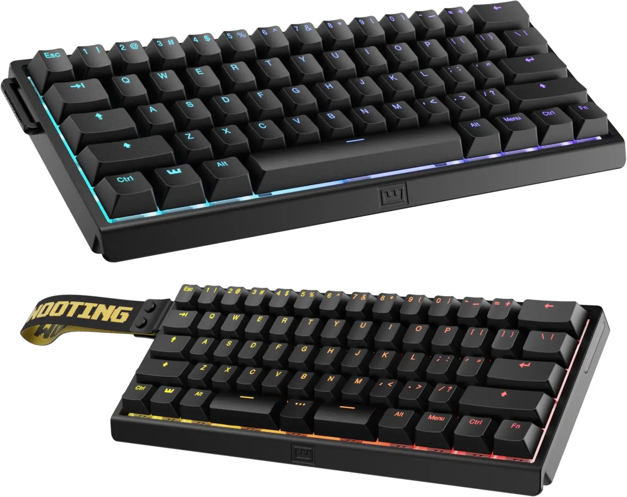 Wooting 60HE v2 compact 60% keyboard in standard and split-spacebar layouts with RGB edge lighting