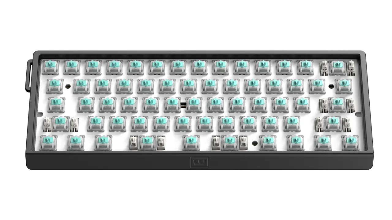 Wooting 60HE v2 with the keycaps removed, showing the Lekker magnetic switches on the plate