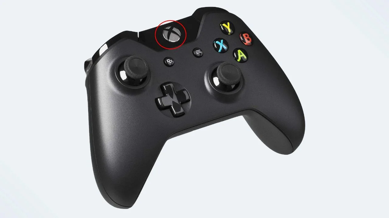 Xbox Wireless Controller with the Xbox button circled