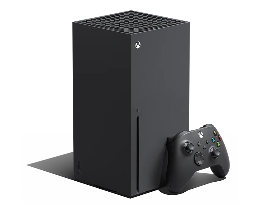 Xbox Series X console standing upright next to a black Xbox Wireless Controller
