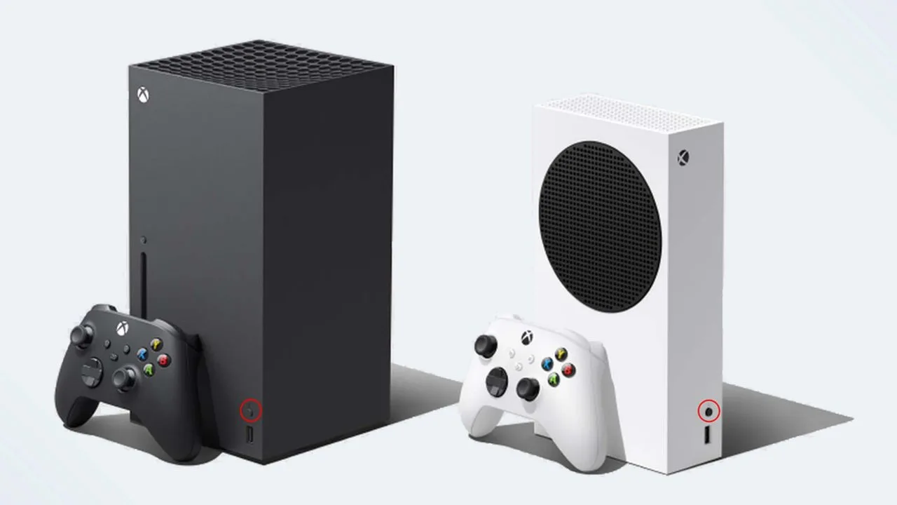 Xbox Series X and Series S consoles with the Pair button next to the USB port circled