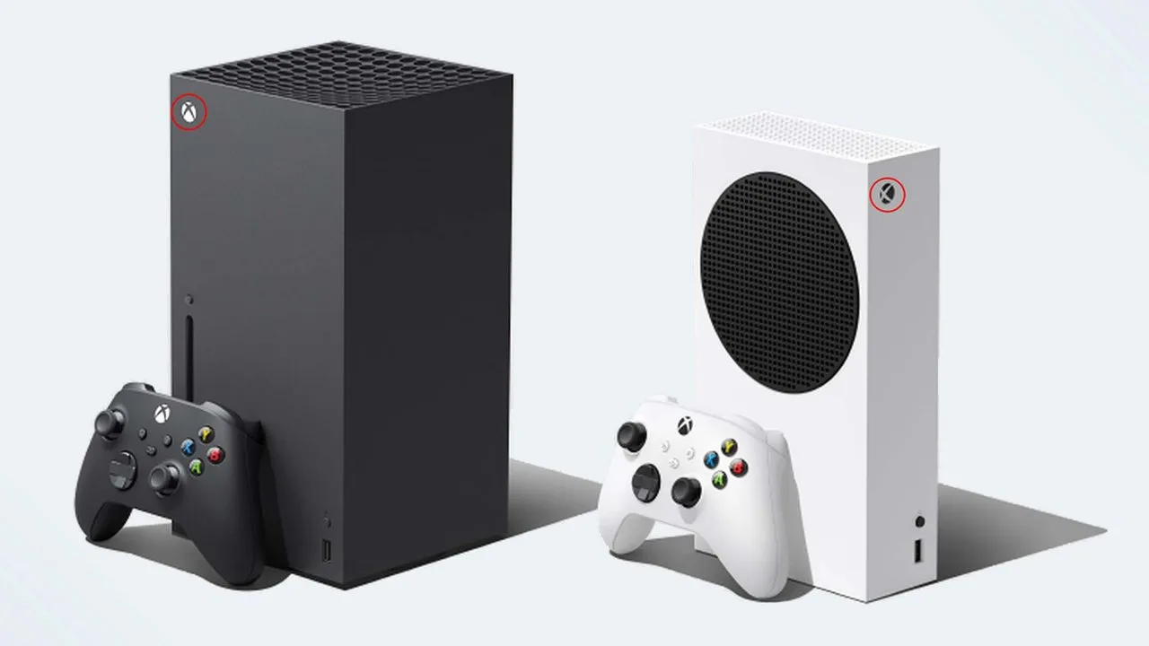 Xbox Series X and Series S consoles with the Xbox power button circled on each