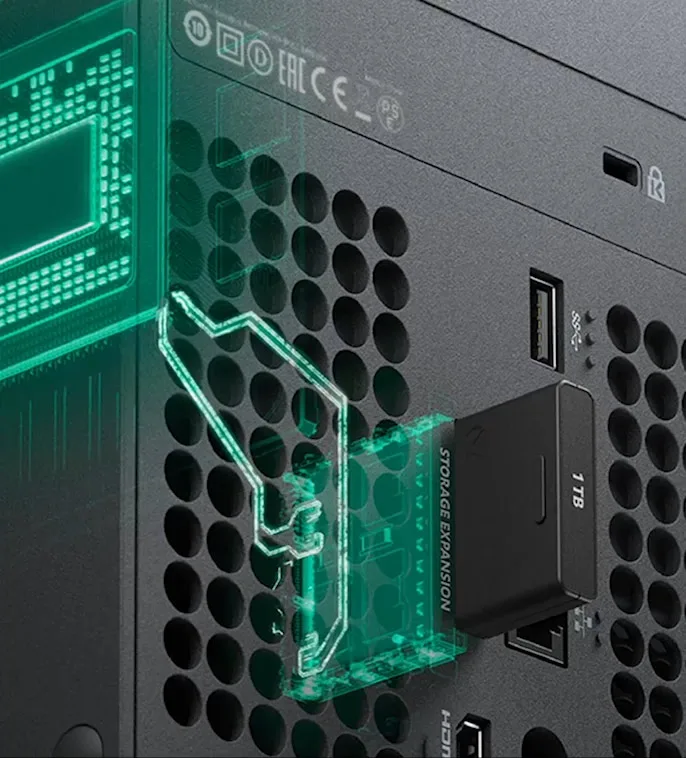Xbox Series X storage expansion card plugged into the back of the console